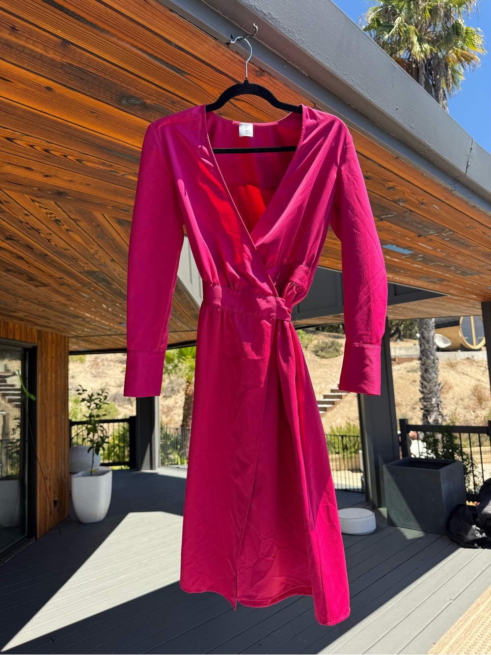 Long Sleeve V-Neck Wrap Dress in Fuchsia